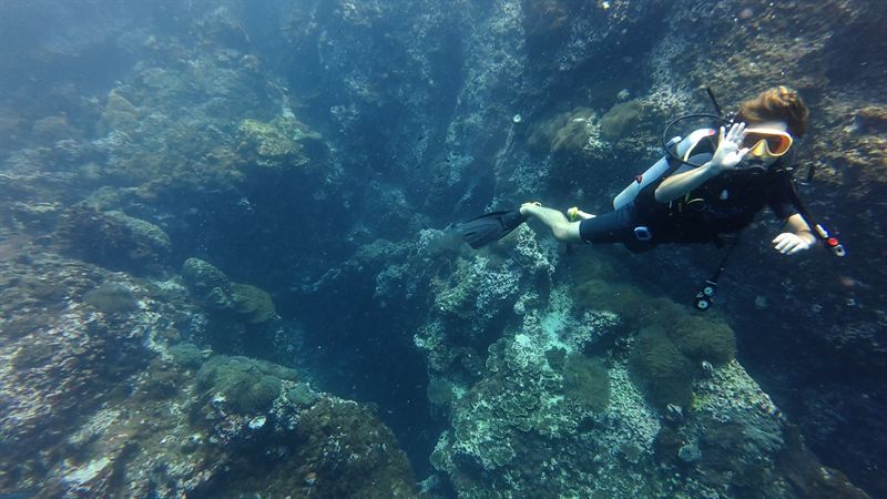 A diver waving beside the entrance of The Chimney at Sail Rock.
