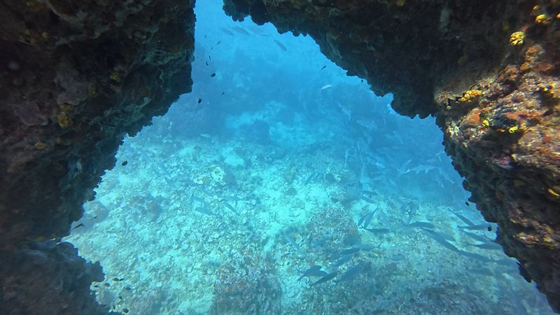 Blue water seen from inside The Chimney, at its bottom opening at 18 metres.