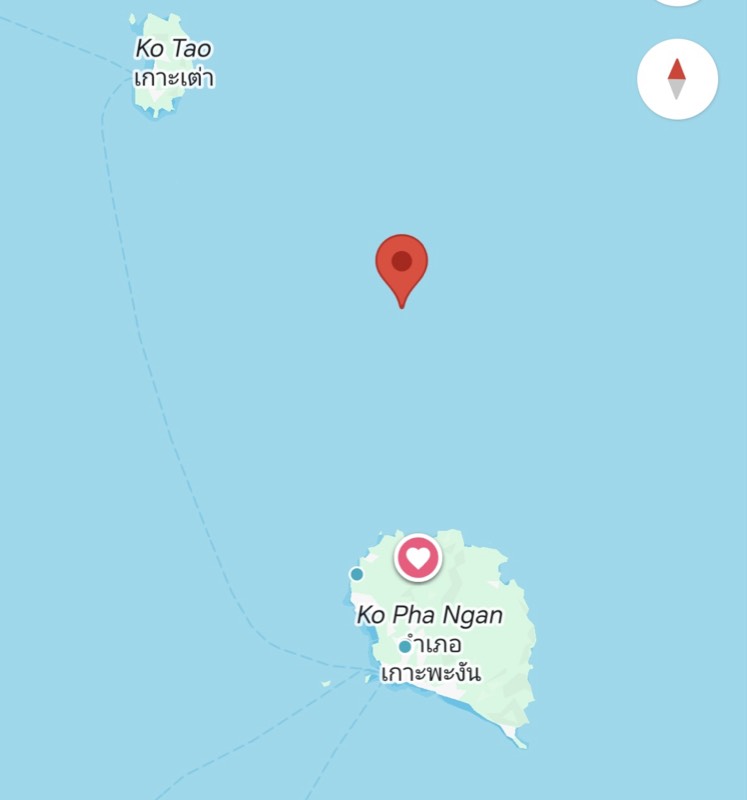 Map showing Sail Rock in open water between Koh Phangan and Koh Tao.